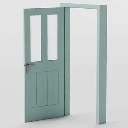 High-quality 3D model of an open teal door with glass panels for Blender rendering and animation.