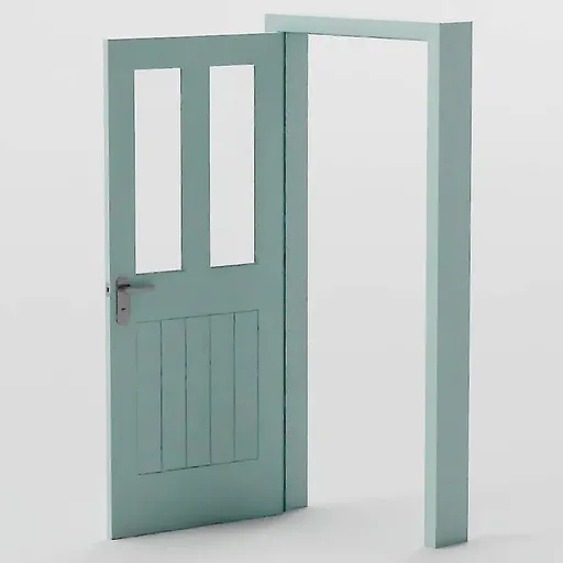 High-quality 3D model of an open teal door with glass panels for Blender rendering and animation.