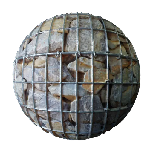High-quality 2K PBR Gabion stone texture for 3D modeling in Blender, seamless and detailed with displacement for realism.