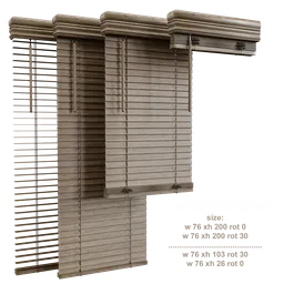 Realistic 3D vertical blinds model with classic wooden texture, compatible with Blender for interior design.