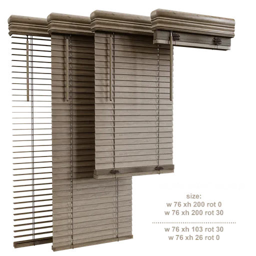 Realistic 3D vertical blinds model with classic wooden texture, compatible with Blender for interior design.