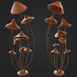 "Rusty Mushroom Garden Statue" - A 3D model created in Blender 3D, featuring two metal mushrooms standing on a table. Perfect for adding a unique and rustic touch to your garden or park.