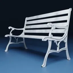 "Parkchair: A highly detailed white park bench on a blue surface, designed for 3D modeling with Blender. This realistic 3D model features steel plating and is perfect for parks, monuments, and street art scenes. Discover the award-winning 3DCG available for use in Blender 3D software."