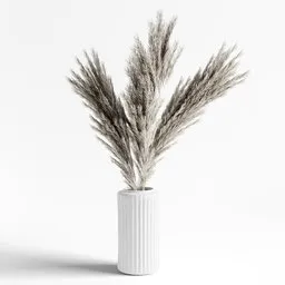 "Geometric nodes create stunningly realistic bouquet of pampas grass in Blender 3D. Rendered in Redshift with intricate details - from the pure grey fur to trailing white vapor, this stylish decor piece sits in a white vase against grey striped walls."