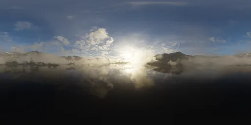 Stunning aerial HDR panorama of sunlit mountainous terrain mirrored in lake, ideal for realistic scene lighting.