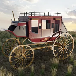 "Stagecoach 3D model for Blender 3D - highly detailed horse drawn carriage inspired by Juliette Wytsman and Dave Arredondo's artwork. Perfect for Western scenes and travelers. Rendered in Autodesk 3D with red river and brocade elements."