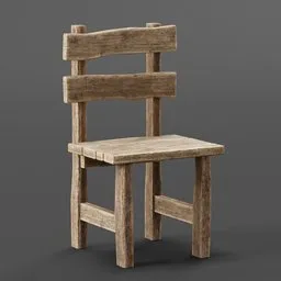 Rustic textured 3D wooden chair model, ideal for Blender 3D medieval scene design, high-quality and detailed.