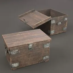 "Lowpoly 3D model of a vintage wooden chest with metal handles on a gray surface. Perfect as a game asset or render prop. Untextured, suitable for reducing character duplication and avoiding duplicate images."