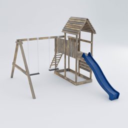 Detailed 3D render of a children's playground set with a slide and swings, designed for Blender.