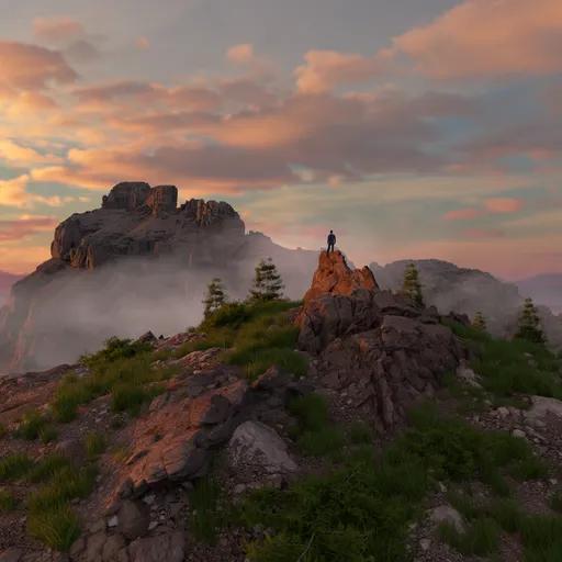 3D modeled Canadian mountain peak at sunrise with man on top, photorealistic textures and low-res HDRI sky.
