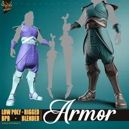 "Stylized male warrior character in full armor and armed with swords, rigged and animateable for easy integration in Blender 3D projects. Intricately detailed with reflecting light and PBR textures, with high and low poly options, female base mesh and clean topology. Perfect choice for fantasy scenes, inspired by Infinity Blade concept art and Mulan."