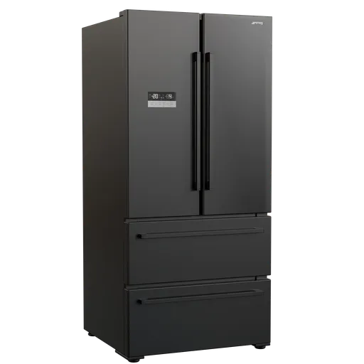 Detailed 3D model of a modern black refrigerator design rendered in Blender with Cycles, available in .blend format.