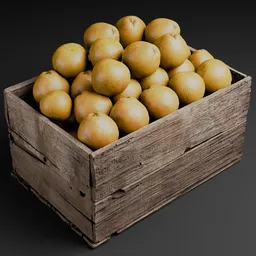 Detailed 3D model render of a wooden crate filled with realistic arranged fruits for Blender visualization.