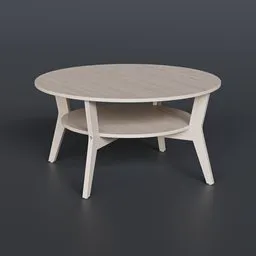 Oak-textured round 3D coffee table model with lower shelf, created in Blender, suitable for realistic interior rendering.
