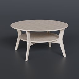 "Oak veneer coffee table with shelf, 3D model for Blender 3D. Inspired by IKEA's Jakobsfors design, this realistic skin shader furniture model features a large round window and white wood accents. Perfect for product design renders or interior visualizations."