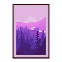 Alt text: "Stylized purple and pink landscape painting in a frame, suitable for use as a Discord profile picture or in Blender 3D. Features mountains, trees, and a centered wide framed window, depicting the beauty of a sunset. Minimal art style with a gradient purple border, perfect for enhancing visual appeal."