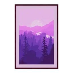 Alt text: "Stylized purple and pink landscape painting in a frame, suitable for use as a Discord profile picture or in Blender 3D. Features mountains, trees, and a centered wide framed window, depicting the beauty of a sunset. Minimal art style with a gradient purple border, perfect for enhancing visual appeal."