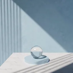 3D minimalist scene with spherical object on podium for product display, Blender model with marble and shadow effects.