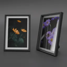 Detailed 3D model of two standing photo frames with floral images, perfect for interior rendering in Blender.