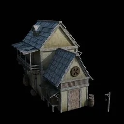 Detailed Blender 3D model of a medieval house with textured surfaces and authentic design elements.