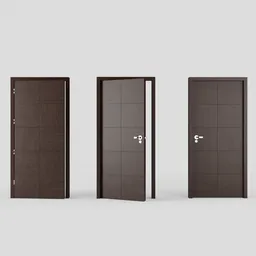 Three variations of a highly detailed wooden door model created in Blender 3D, showcasing different angles and design features.