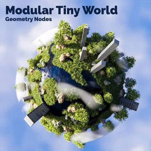 Detailed 3D tiny planet with modular vegetation, clouds, buildings designed in Blender Geometry Nodes.