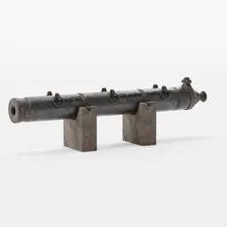 "Photorealistic 3D model of a historic military cannon on a wooden stand, created with Blender 3D software. Perfect for museum collections or depicting battles like the Battle of 1453.  Get aftermarket parts and connector options for this true-to-life model."