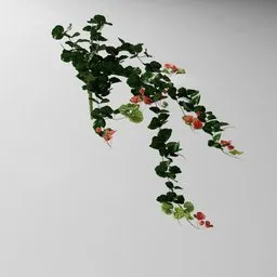 "Artificial creeper Red geranium v2" 3D model for Blender 3D. Nature indoor category with ivy, vines, and diadem inspired by real products. Created using Bagapia addon and geometry nodes with permission of the author.