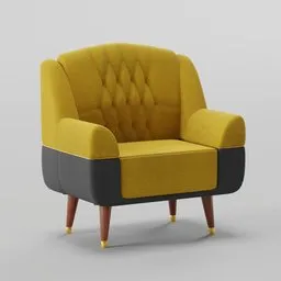 "Yellow and black modern sofa with wooden legs and a gray back. This realistic 3D render features a chesterfield-style, hexagonal-shaped design inspired by Lydia Field Emmet. Created by Jesper Knudsen, this plush 3D model is perfect for Blender 3D enthusiasts seeking a vibrant addition to their projects."