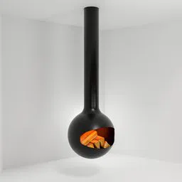 Detailed 3D model of a suspended, rotatable Bathyscafocus-style fireplace for Blender rendering, showcasing logs and design elements.