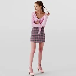 Seductive 3D female model in pink cardigan and plaid skirt posed flirtatiously, suitable for Blender rendering.