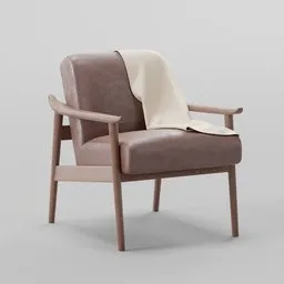 "Mid-century leather chair, a realistic 3D model for furniture in Blender 3D. This minimalistic style chair features leather texture and a blanket, inspired by Niels Lergaard's design. Perfect for any scene in need of a father-figure image."