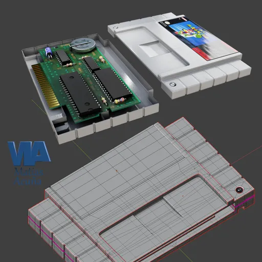 Detailed Blender 3D model of SNES game cartridge with exposed circuitry and texture mapping.