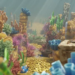 Detailed Blender 3D underwater scene with corals, algae, and treasure created using geometry nodes.