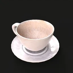 Low-poly 3D coffee cup on saucer, PBR textures, game-ready asset for Blender.