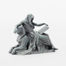 Detailed 3D sculpture model showcasing an ancient sibyl perusing a book atop a majestic sphinx, crafted for Blender.