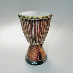 "Blender 3D model of an African djembe drum with colorful design. Photogrammetry scan with retopo and baked textures. Perfect for music video or cultural projects."