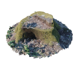 "3D model of a tree stump titled 'Stump 6' in Blender 3D software. The model depicts a small moss-covered rock with a lava texture, captured using generative adversarial network and anamorphic wide-angle lens. Created by Muggur and textured by Jacob Toorenvliet from Texturing XYZ."