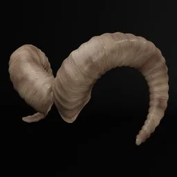 "Simplistic 3D model of a ram's horn for use in Blender 3D, procedurally colored and untextured. The curved horn features a unique shape, perfect for use in animal-themed projects."