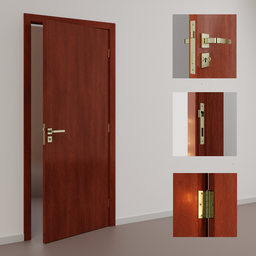 "High-quality, customizable interior door 3D model with metal joints and a brown and white color scheme. Easily operate the door with the included rotation point and "1_Opens the door" empty. Compatible with Blender 3D software."