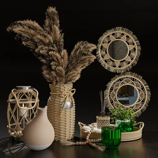 High-quality Blender 3.6 cycles render of a decorative set with vases, mirrors, and baskets.