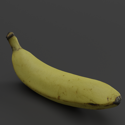 "Photorealistic 3D model of a Banana02 fruitvegetable with 4k textures, made in Blender 3D. Featuring a yellow banana with a brown spot, perfect for videogame assets and RPG game items. Free download available."