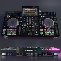 Detailed 3D render of a DJ controller with touch screen, dual decks, faders, and knobs for mixing music in Blender.