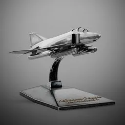 3D modeled F4 Phantom II on stand, Blender render, detailed jet aircraft, metallic finish, scale model.