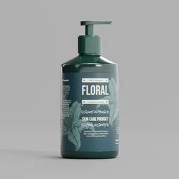Realistic Blender 3D model of a floral-scented lotion dispenser with detailed textures and label design.