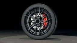 Highly detailed sports car wheel 3D model with intricate rim design and performance tire texture suitable for Blender rendering.