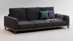 Detailed 3D-rendered charcoal fabric sofa with colorful throw pillows and a cozy blanket, optimized for Blender.