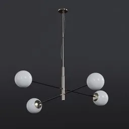 Elegant 3D ceiling lamp model with four spherical lights and gold accents for Blender rendering.
