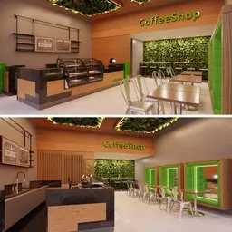 Detailed 3D render of a modern coffee shop interior with cozy seating and vibrant green wall accents.