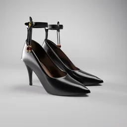 Black stiletto high heels 3D model with ankle straps and gem details, created in Blender for fashion design visualization.